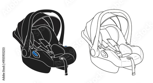 Infant car seat illustration showcasing black and white design variations