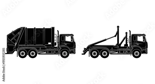 Side view illustration of two black garbage trucks with mechanical arms