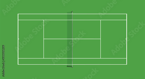 Top View Of Green Tennis Court Vector Illustration Featuring White Boundary Lines Net And Grass Surface For Sports Tournament Design