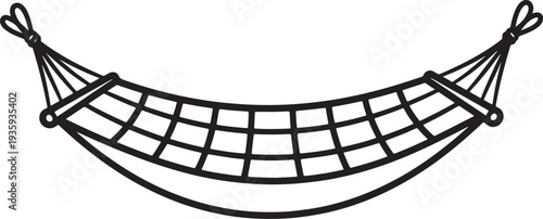 Black and white hammock made of netting suspended by ropes also transparent background