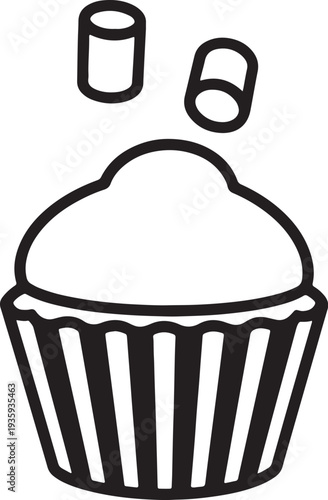 Black and white line of cupcake with frosting and marshmallows also transparent background line dessert