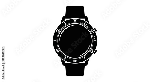 Black and white illustration of a modern smartwatch with a circular face