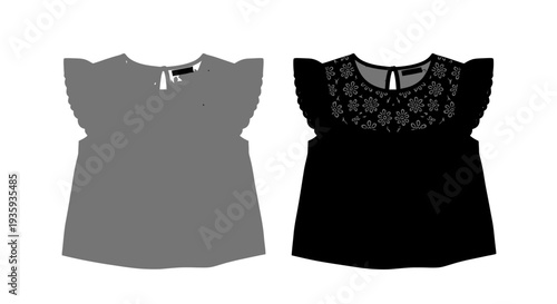 Two floral embroidered women s blouses presented in gray and black variations