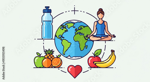 Healthy lifestyle concept with woman meditating near globe fruits water bottle and heart symbol