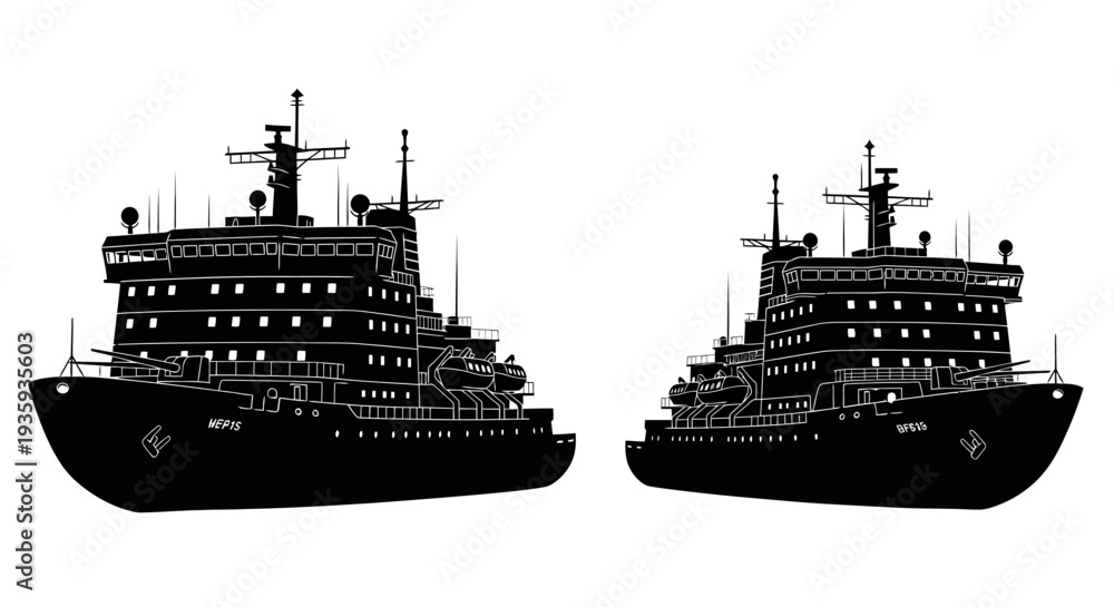 Fototapeta premium Two black silhouette icebreakers facing opposite directions on a white background