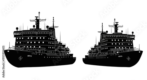 Two black silhouette icebreakers facing opposite directions on a white background