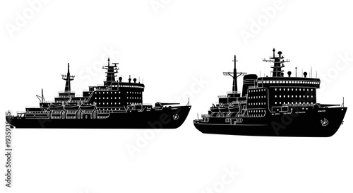 Silhouettes of two large icebreaker ships against a white background