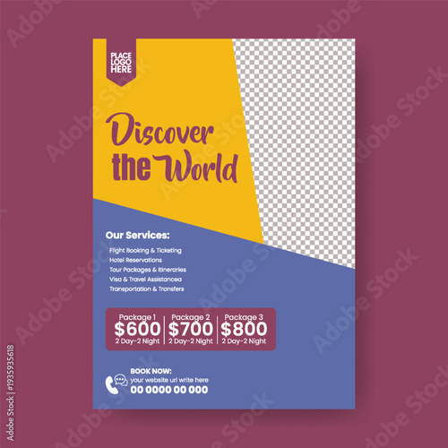 tourism agency promotional flyer poster template featuring summer vacation package, hotel resort advertisement, global travel booking, online reservation layout.