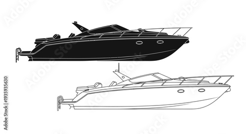 Black and white line drawing of a sleek modern speedboat from two angles