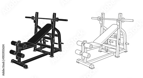 Outline of a weightlifting bench press with barbell and supporting structure