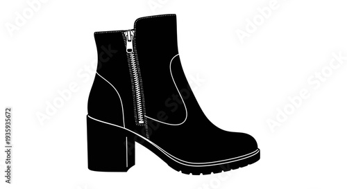 A black and white illustration of a single women s ankle boot
