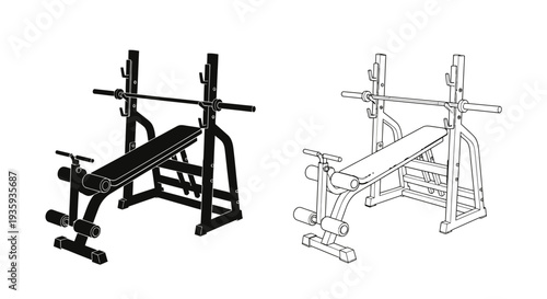 Black and white illustration of a weight bench and barbell setup
