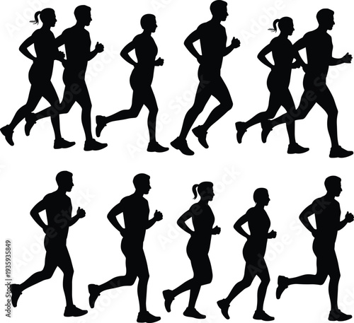 Black silhouettes of male and female runners jogging in different positions