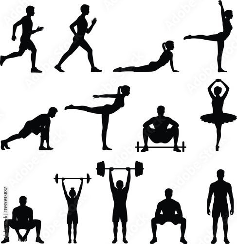 Silhouettes of people exercising running dancing ballet lifting weights yoga