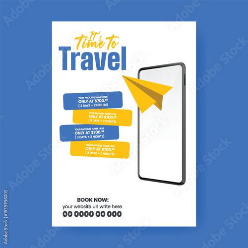 Modern A4 travel agency flyer poster brochure cover template for summer adventure tour promotion, airline booking service, hotel resort marketing, online reservation layout.