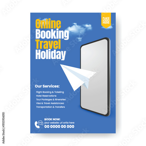 Online booking travel agency promotional flyer poster and leaflet brochure cover template for summer vacation package, airline booking service, luxury resort marketing design.