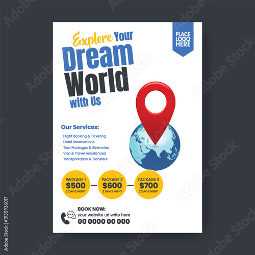Creative print-ready A4 tourism agency marketing template with editable flyer poster design, study abroad promotion, luxury resort advertisement, flight ticket booking service.