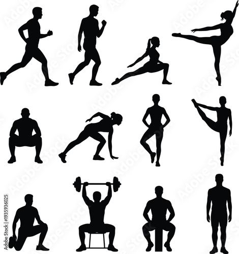 Silhouettes of people performing different exercises and fitness activities