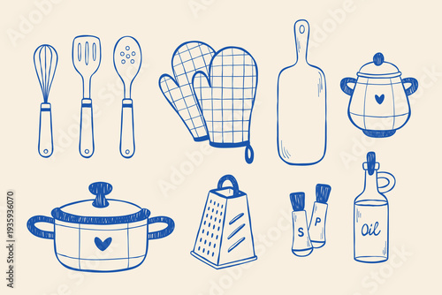 Clip art collection of kitchen tools. Hand-drawn vector illustration of cooking essentials. Pot, whisk, utensil, pot holder, cutting board, steel grater, salt and pepper mill set, oil dispenser.