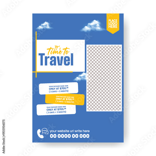 Print-ready A4 tourism agency flyer poster and brochure cover template for summer holiday promotion, adventure tour marketing, visa assistance, airline booking design.