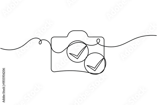 Camera with approval checkmark sign icon continuous one line art drawing on white background minimalist verified photo tick symbol outline vector illustration