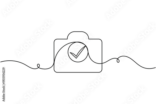 Camera with approval checkmark sign icon continuous one line art drawing on white background minimalist verified photo tick symbol outline vector illustration