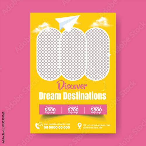 A4 print-ready tourism flyer poster marketing template for summer adventure tour, luxury resort promotion, visa assistance service, airline booking, online reservation design.