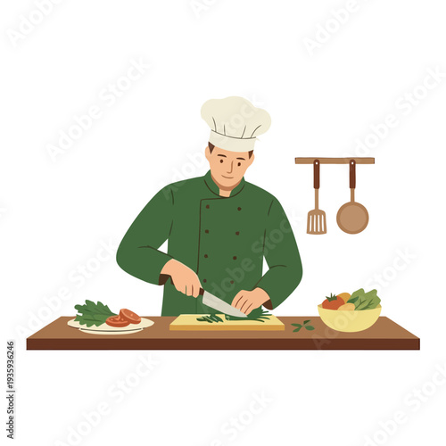 Flat vector illustration depicting chefs cutting food ingredients in the kitchen.