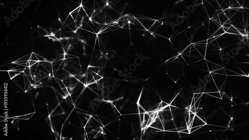 Abstract digital network of glowing nodes and connecting lines. Technological context. Network connection structure. Interweaving effect. 3D Vector illustration