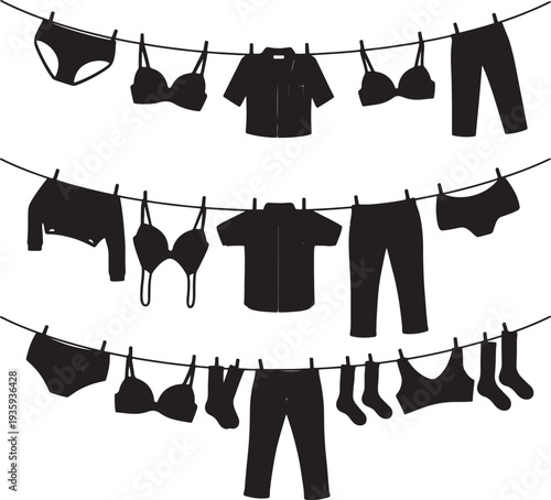 Black clothing hanging on three laundry lines including bras underwear shirts pants and socks also transparent background