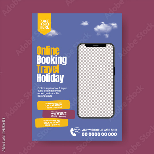 A4 travel agency promotional design including flyer poster leaflet brochure cover template for summer holiday package, global travel online booking, luxury resort marketing.