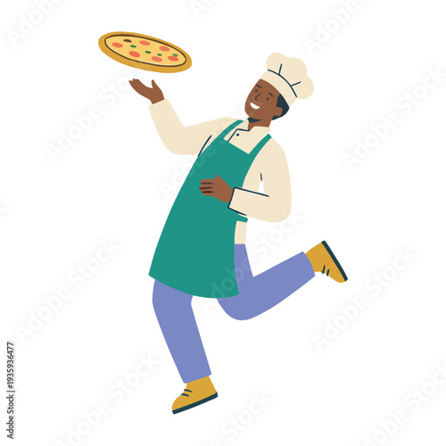 Flat vector illustration of a smiling chef carrying a freshly baked pizza.