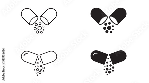 Capsule pill open with powder spilling out, linework and solid icons set, pharmaceutical concept. featuring medicine, drug, health with healthcare