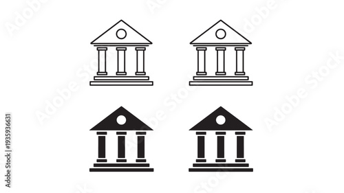 Buildings classical style with columns and triangle roof, line art and solid icons for architecture, government, and finance themes