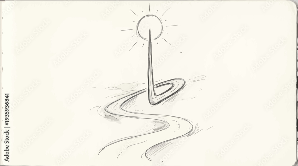 Fototapeta premium Abstract sketch of a winding path leading to a radiating sun or star symbol
