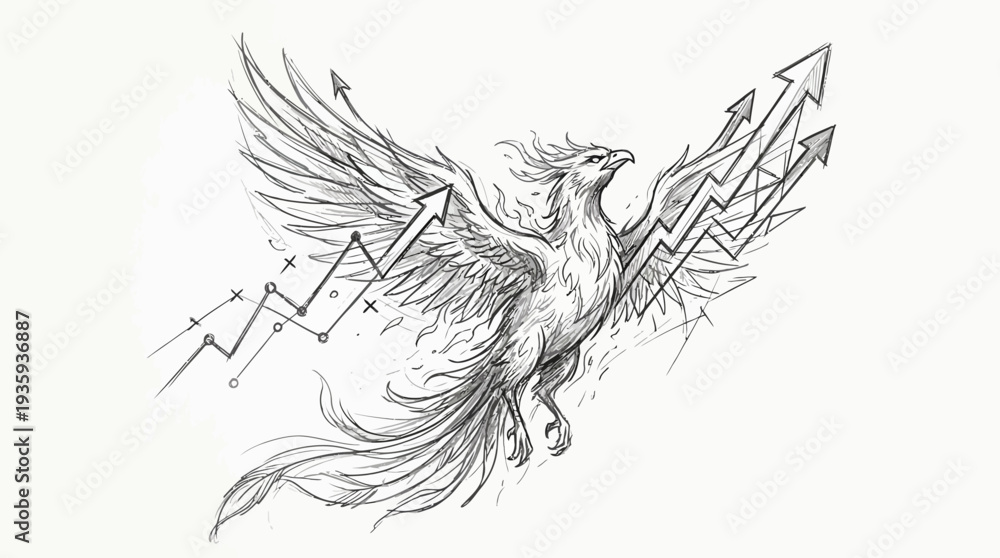 Fototapeta premium Ascending phoenix with upward trending arrows symbolizing financial growth and market success