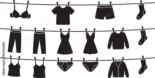 Black silhouettes of various clothing hanging on clotheslines also transparent background bras