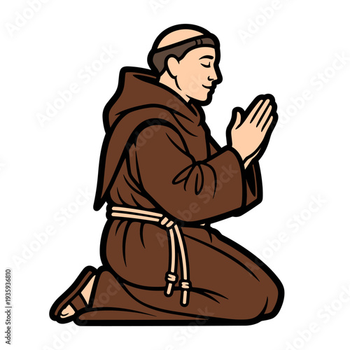 Kneeling praying monk in brown robe illustration