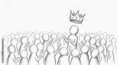 A stylized drawing of a crowd reaching for a crown hovering above a central figure