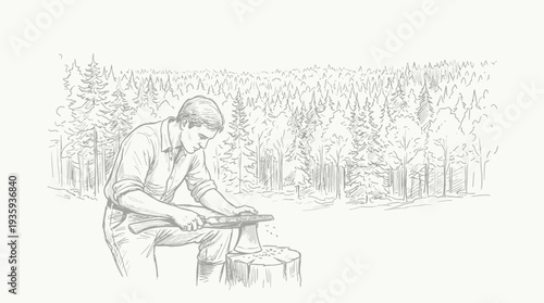A woodcutter skillfully sharpens his axe amidst a dense forest landscape illustration