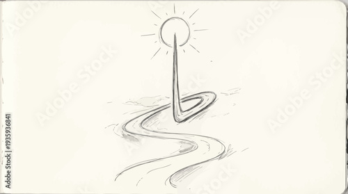 Abstract sketch of a winding path leading to a radiating sun or star symbol