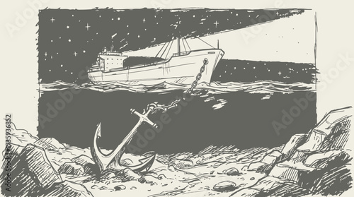 Anchor dropped in dark ocean depths beneath a lit cargo ship under a starry sky