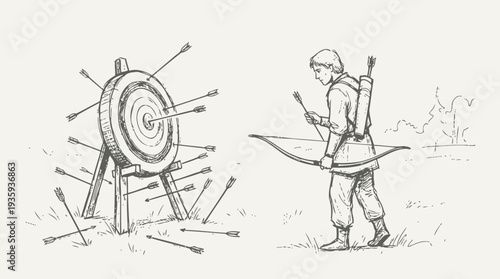 archer struggling to hit the target many missed arrows scattered around the archery field