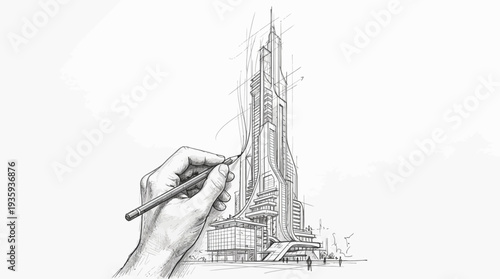 Artistic rendering of a futuristic skyscraper being drawn by a human hand