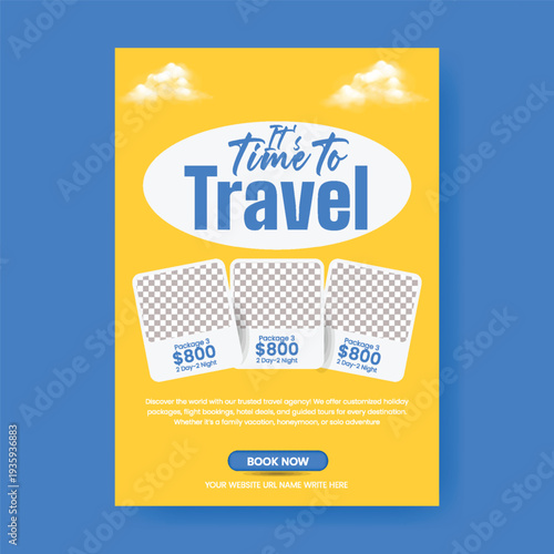 A4 print-ready travel tourism flyer poster template featuring holiday package promotion, study abroad campaign, visa assistance service, global travel booking, luxury resort marketing layout.
