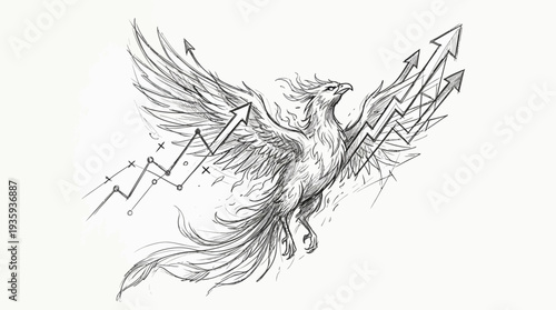 Ascending phoenix with upward trending arrows symbolizing financial growth and market success