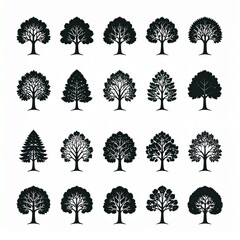 Set of diverse black and white tree silhouettes isolated on white background vector illustration