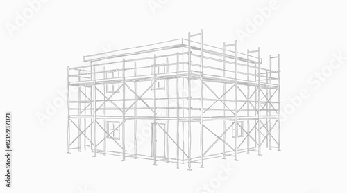 Detailed architectural sketch of a building enveloped in complex scaffolding structure
