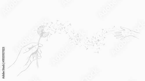 Dandelion seeds carried by the wind from a hand towards another outstretched hand artistic sketch