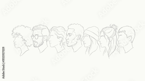 Diverse group of individuals portrayed in a minimalist line art style showcasing unity and